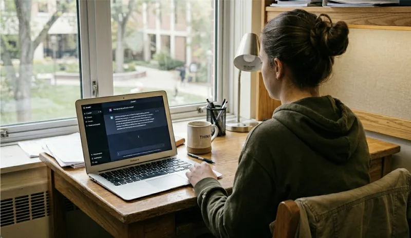 A student thinking through a college essay draft, AI tools nearby