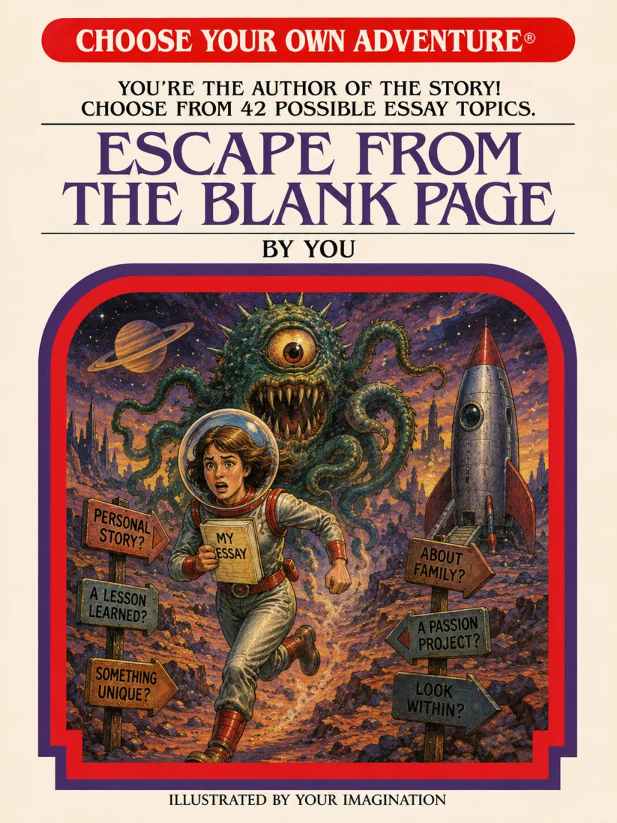 A choose-your-own-adventure cover called Escape from the Blank Page, showing a student in a spacesuit clutching a sign reading My Essay while fleeing a one-eyed monster