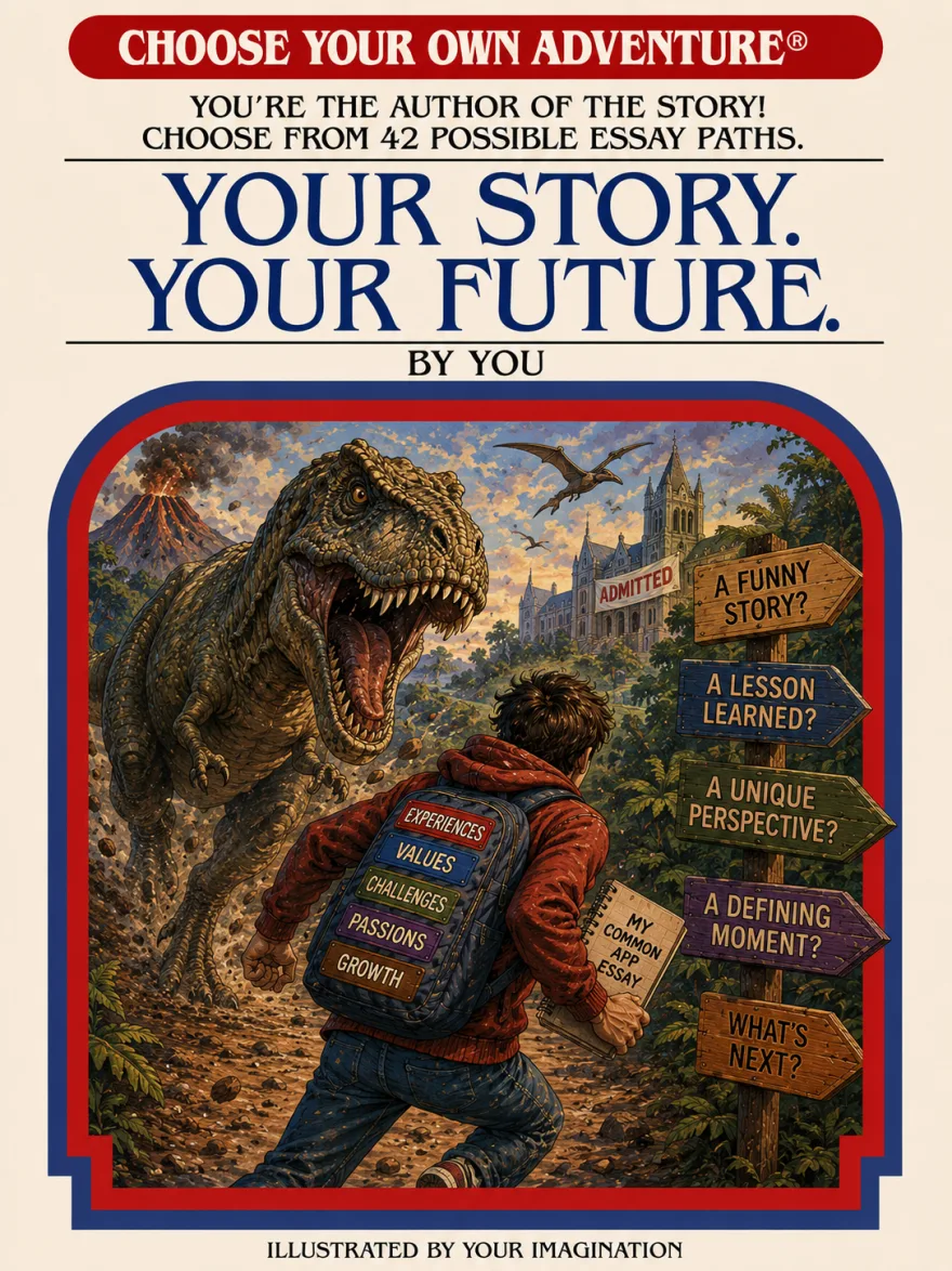 A choose-your-own-adventure cover called Your Story. Your Future., showing a student with a backpack of experiences outrunning a T-rex on the path to a castle marked Admitted