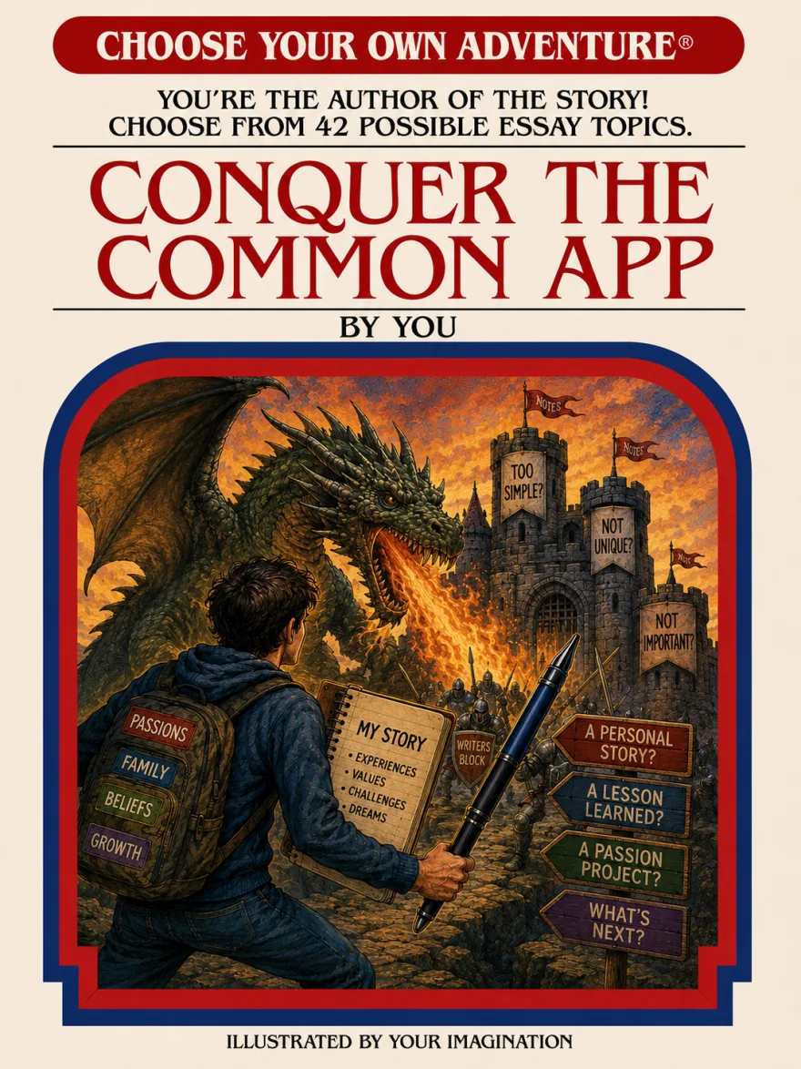A choose-your-own-adventure cover called Conquer the Common App, showing a student wielding a giant pen before a dragon-guarded castle whose banners read Too Simple, Not Unique, and Not Important