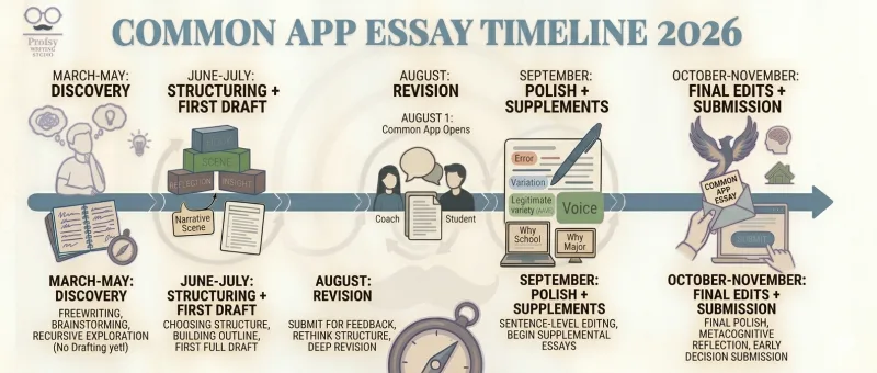 Timeline of the 2026 Common App essay season from spring brainstorming to fall submission